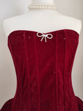 Diynav A Line Strapless Burgundy Velvet Ruffles Homecoming Dress HZ1017