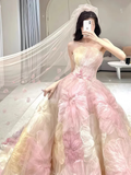 Diynav Princess Floral Ball Gown, Strapless A-line Evening Prom Dress,Wedding Dress HZ1017