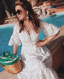 Diynav 2024 Summer Women's V-Neck Short-Sleeved Lace Sleeves Single-Drace Dress