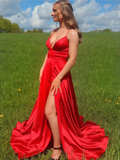 Diynav Line V Neck Red Satin Long Prom Dresses, Red V Neck Long Formal Evening Dresses HZ1017