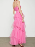 Diynav Open Back Layered Hot Pink Tulle Long Prom Dresses, Hot Pink Tulle Formal Graduation Evening Dresses HZ1017