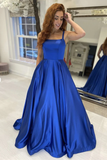 Diynav A Line Royal Blue Satin Long Prom Dress, Long Blue Formal Graduation Evening Dress HZ1017