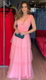 Diynav Line V Neck Layered Pink Prom Dresses Long V Neck Pink Formal Evening Dresses HZ1017