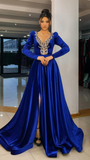 Diynav Blue Long Sleeve Evening Dresses A Line Caftan Saudi Arabia Prom Gowns Side Split Occasion Dresses HZ1017