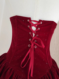 Diynav A Line Strapless Burgundy Velvet Ruffles Homecoming Dress HZ1017