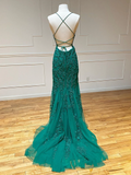Diynav Green Mermaid Lace Prom Dresses, Open Back Green Lace Mermaid Formal Evening Dresses HZ1017