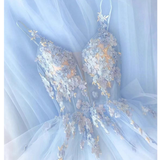 Diynav Sky Blue Prom Dresses, Handmade Flowers Prom Dresses, Light Sky Blue Evening Dresses HZ1017