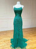 Diynav Green Mermaid Lace Prom Dresses, Open Back Green Lace Mermaid Formal Evening Dresses HZ1017