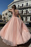 Diynav V Neck Pink Tulle Long Prom Dresses with High Slit, Pink Tulle Formal Graduation Evening Dresses HZ1017