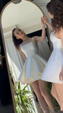 Diynav A Line Straps Ivory Satin Short Homecoming Dress Birthday Dress HZ1017