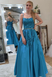 Diynav Line Open Back Blue Lace Long Prom Dresses with Belt, Blue Lace Formal Dresses, Blue Evening Dresses HZ1017