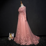 Diynav A-LINE SCOOP FLOOR LENGTH PINK TULLE APPLIQUE PROM DRESS EVENING DRESS HZ1017