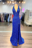 Diynav Neck Royal Blue Long Prom Dresses, Shiny Royal Blue Long Formal Evening Dresses HZ1017