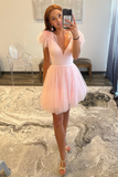 Diynav A-line Tulle Deep V Neck Homecoming Dress with Feathers HZ1017