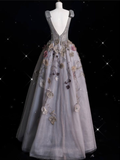 Diynav V Neckline Gray Tulle Floral Ball Gown Long Evening Gown Prom Dress HZ1017