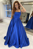 Diynav A Line Royal Blue Satin Long Prom Dress, Long Blue Formal Graduation Evening Dress HZ1017