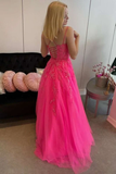 Diynav Back Hot Pink Tulle Lace Long Prom Dresses, Hot Pink Lace Formal Graduation Evening Dresses HZ1017