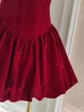 Diynav A Line Strapless Burgundy Velvet Ruffles Homecoming Dress HZ1017