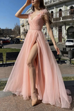 Diynav V Neck Pink Tulle Long Prom Dresses with High Slit, Pink Tulle Formal Graduation Evening Dresses HZ1017