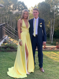 Diynav Yellow Satin Long Evening Dresses with Side Slit Formal Party Dress HZ1017