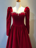 Diynav A Line Red Velvet Prom Dress Sweatheart Party Dress Brithday Ball Gown HZ1017