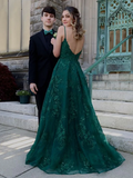 Diynav Line V Neck Green Lace Long Prom Dresses, Green Lace Formal Dresses, Green Evening Dresses HZ1017