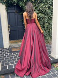 Diynav Line V Neck Burgundy Long Prom Dresses, Burgundy Long Formal Evening Dresses HZ1017