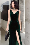 Diynav V Neck Dark Green Velvet Long Prom Dresses, Dark Green Velvet Formal Graduation Evening Dresses HZ1017