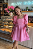 Diynav A-line Square Neckline Party Dress Pink Puff Sleeves Homecoming Dress HZ1017