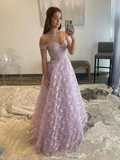 Diynav Shoulder Lilac Lace Long Prom Dresses Off the Shoulder Formal Dresses Lilac Evening Dresses HZ1017