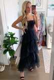 Diynav A-line Layered Tulle Black Prom Dress,Sheer Corset Long Evening Dress,Graduation Dress HZ1017