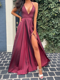 Diynav Line V Neck Burgundy Long Prom Dresses, Burgundy Long Formal Evening Dresses HZ1017