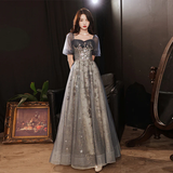 Diynav A-Line Grey Tulle Short Sleeves Long Party Dress, Grey Evening Dress HZ1017