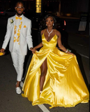 Diynav A-line Yellow Satin Evening Dress,Yellow Prom Gown HZ1017