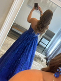 Diynav A line tulle sequin long prom dress, blue tulle evening dress HZ1017