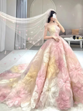 Diynav Princess Floral Ball Gown, Strapless A-line Evening Prom Dress,Wedding Dress HZ1017