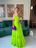 Diynav A-line Spaghetti Straps Tulle Prom Dress,Green Evening Dress HZ1017