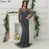 Diynav Dubai New Gold Fashion Mermaid Evening Dresses 2025 Long Sleeves Beading Sexy Luxury Evening Party Dress HZ1017