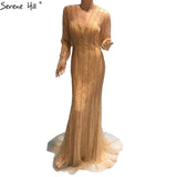Diynav Dubai New Gold Fashion Mermaid Evening Dresses 2025 Long Sleeves Beading Sexy Luxury Evening Party Dress HZ1017