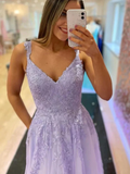 Diynav Line V Neck Beaded Lace Long Prom Dresses, Lace Formal Dresses, Lavender Evening Dresses HZ1017
