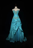 Blue A-Line Spaghetti Straps Satin Beaded Long Prom Dress Sweetheart Neck Applique Graduation Prom Dress HZ1108
