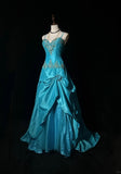 Blue A-Line Spaghetti Straps Satin Beaded Long Prom Dress Sweetheart Neck Applique Graduation Prom Dress HZ1108