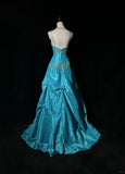Blue A-Line Spaghetti Straps Satin Beaded Long Prom Dress Sweetheart Neck Applique Graduation Prom Dress HZ1108