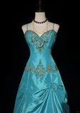 Blue A-Line Spaghetti Straps Satin Beaded Long Prom Dress Sweetheart Neck Applique Graduation Prom Dress HZ1108