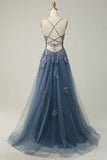 Sage A-line Spaghetti Strap Tulle Long Prom Dress Applique V-neck Party Dress HZ1108