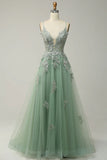Sage A-line Spaghetti Strap Tulle Long Prom Dress Applique V-neck Party Dress HZ1108