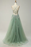 Sage A-line Spaghetti Strap Tulle Long Prom Dress Applique V-neck Party Dress HZ1108