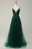 Sage A-line Spaghetti Strap Tulle Long Prom Dress Applique V-neck Party Dress HZ1108