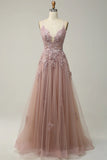 Sage A-line Spaghetti Strap Tulle Long Prom Dress Applique V-neck Party Dress HZ1108