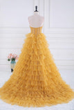 Gold A-line Strapless Tulle Sequined Long Prom Dress, Gold Sweet 16 Dress HZ1108
